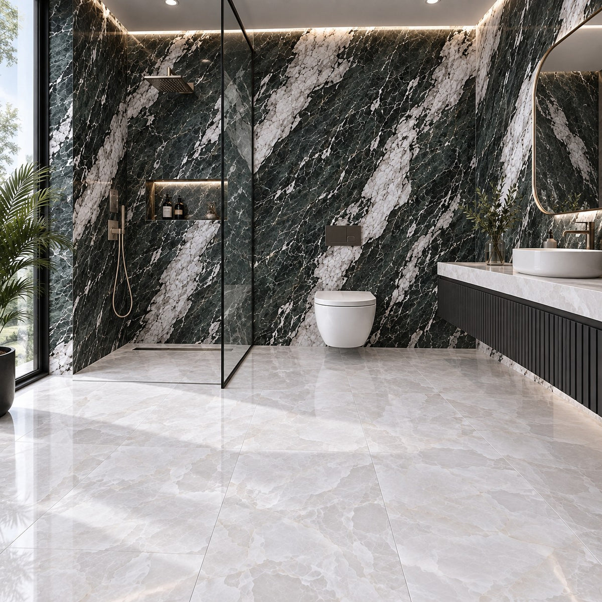 Luxury Green & White Marble Bathroom Tiles | Wall & Floor Tile Combination (T10-T4)