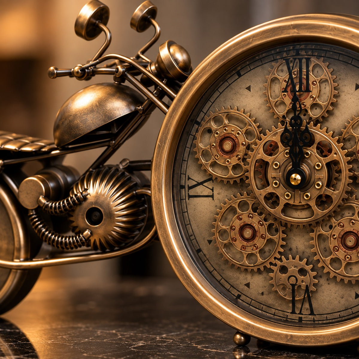 Steampunk Motorcycle Clock D36 Vintage Bronze Industrial Table Clock