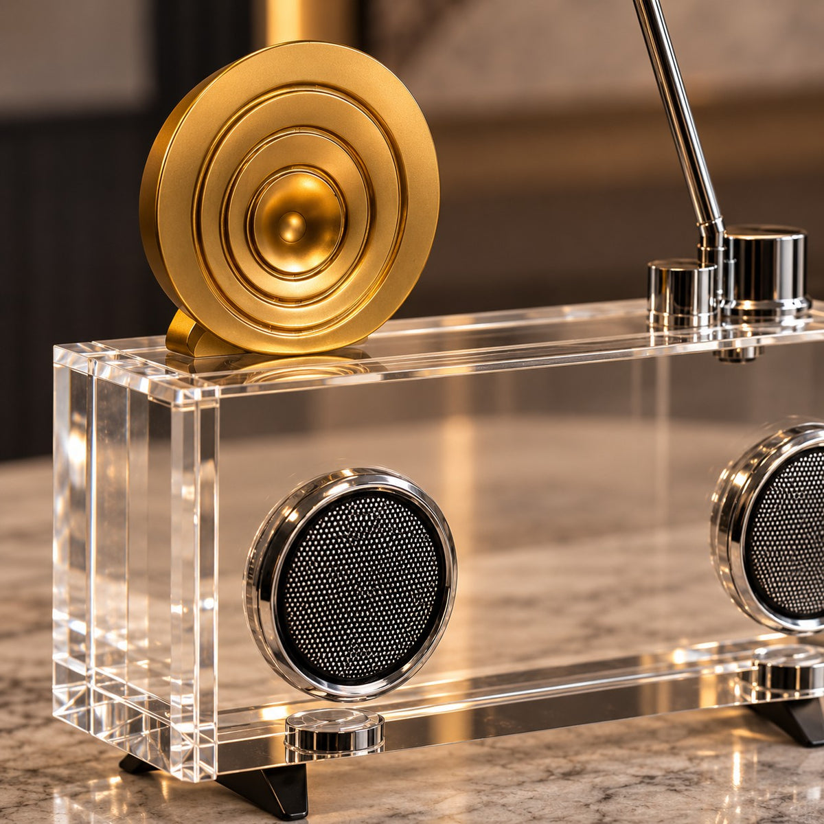 Retro Radio Sculpture D12 Clear Acrylic & Gold Accent Home Decor
