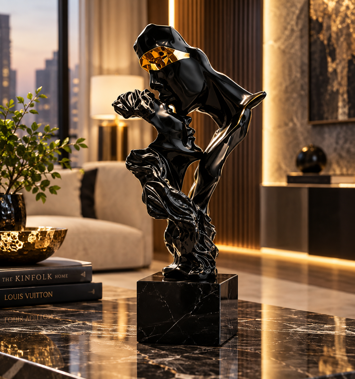 Black & Gold Couple Sculpture D23 | Artistic Resin Home Decor Showpiece