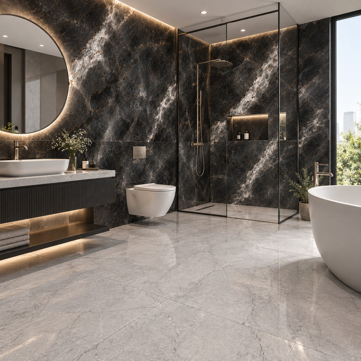 Luxury Black & White Marble Bathroom Tiles | Wall & Floor Tile Combination (T2-T7)