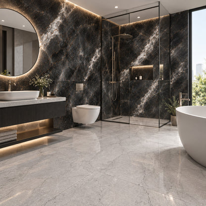 Luxury Black & White Marble Bathroom Tiles | Wall & Floor Tile Combination (T2-T7)