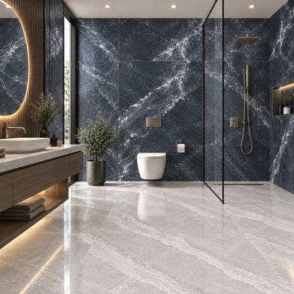 Luxury Dark Blue & White Marble Bathroom Tiles | Wall & Floor Combination (T3-T9)