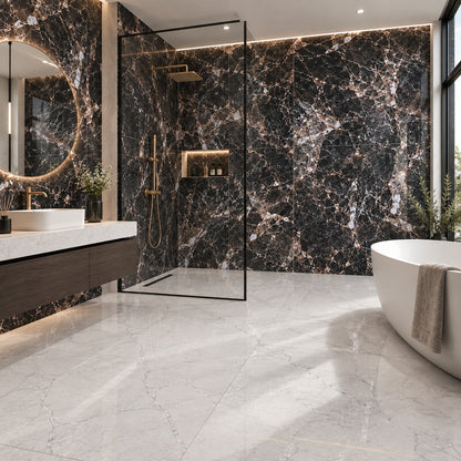 Luxury Black & Brown Marble Bathroom Tiles | Wall & Floor Tile Combination (T7-T2)