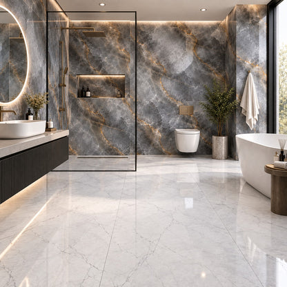 Luxury Grey & White Marble Bathroom Tiles | Wall & Floor Tile Combination (T8-T2)