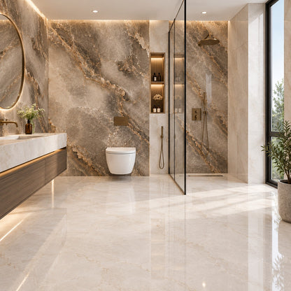 Luxury Beige & White Marble Bathroom Tiles | Wall & Floor Tile Combination(T3-T5)