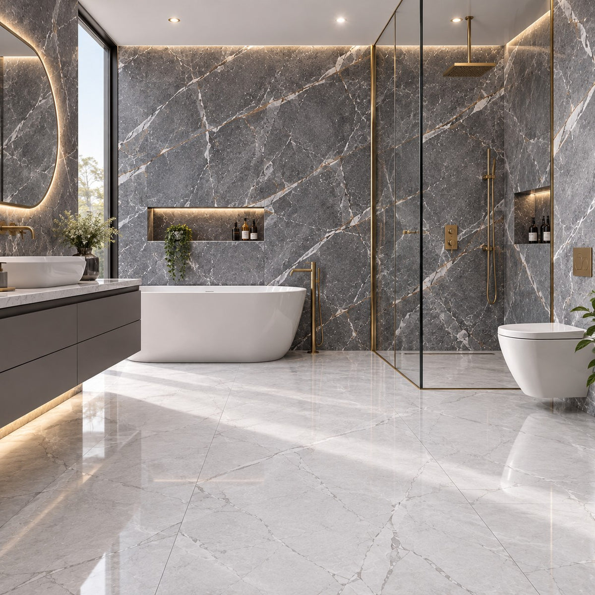 Luxury Grey & White Marble Bathroom Tiles | Wall & Floor Tile Combination (T2\T11)
