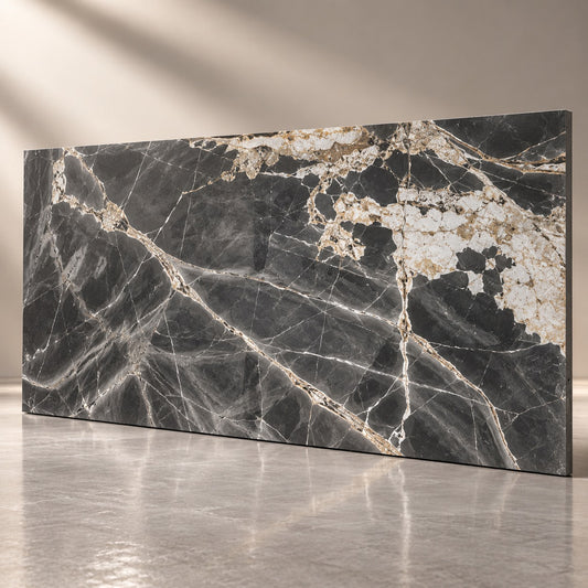 Dark Grey Marble Sintered Stone Slab T14 | Gold & White Veins
