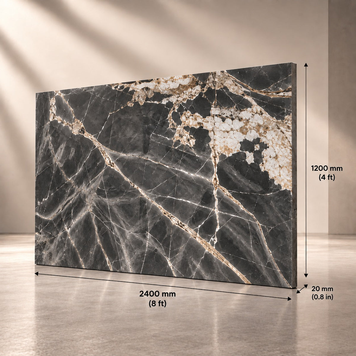 Dark Grey Marble Sintered Stone Slab T14 | Gold & White Veins