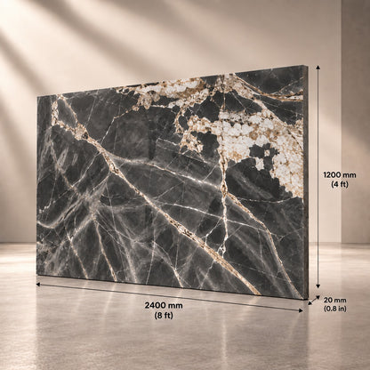 Dark Grey Marble Sintered Stone Slab T14 | Gold & White Veins