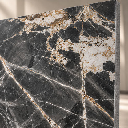 Dark Grey Marble Sintered Stone Slab T14 | Gold & White Veins