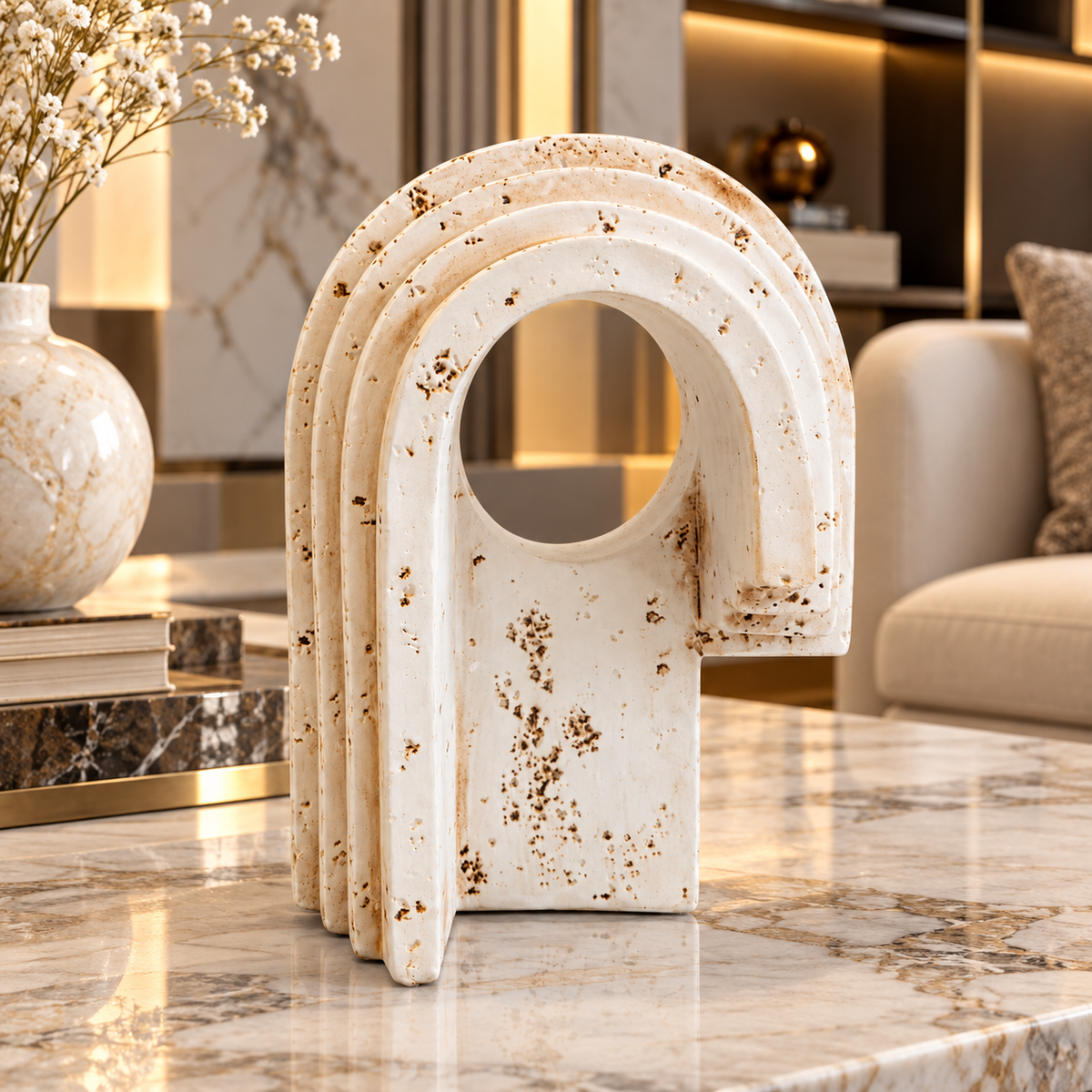 Decorative White Travertine Arch Sculpture D30