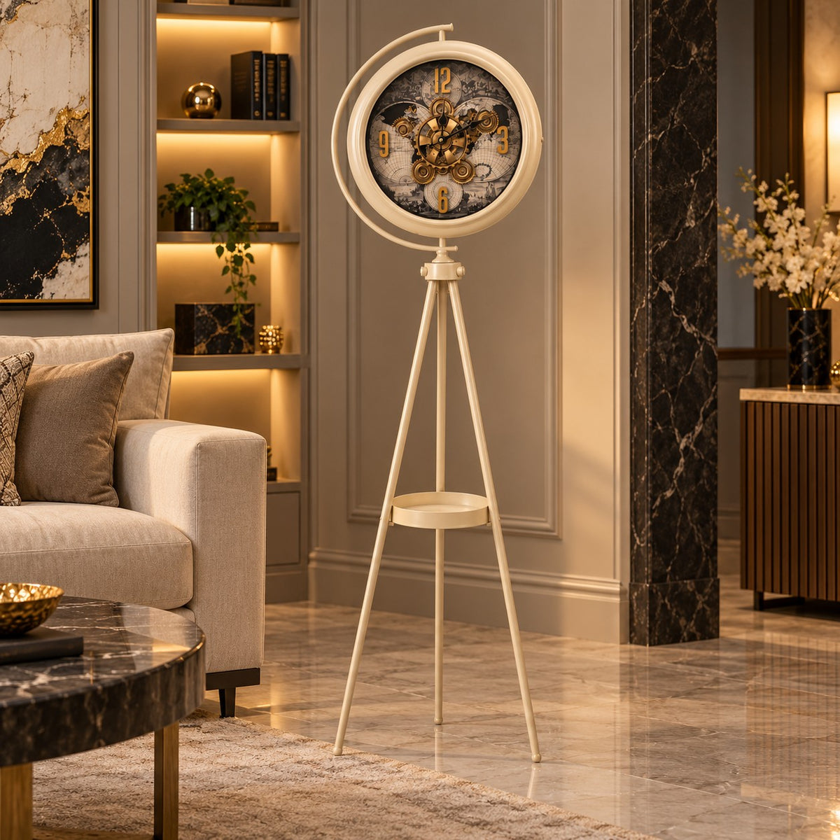 Cream Stand Clock D51 Modern Luxury Tripod Floor Clock