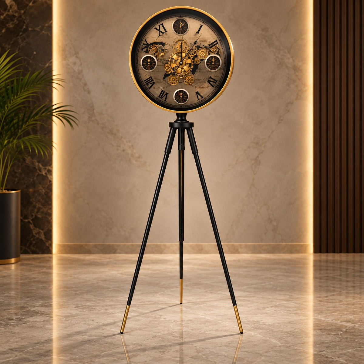 Stand Clock D50 Luxury Tripod Floor Clock with Gold & Black Finish