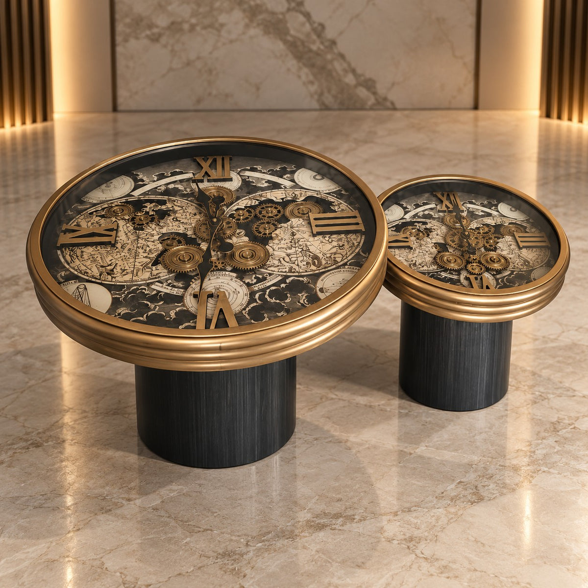 Set of 2 Luxury Clock Tables D43 Modern Round Side Tables