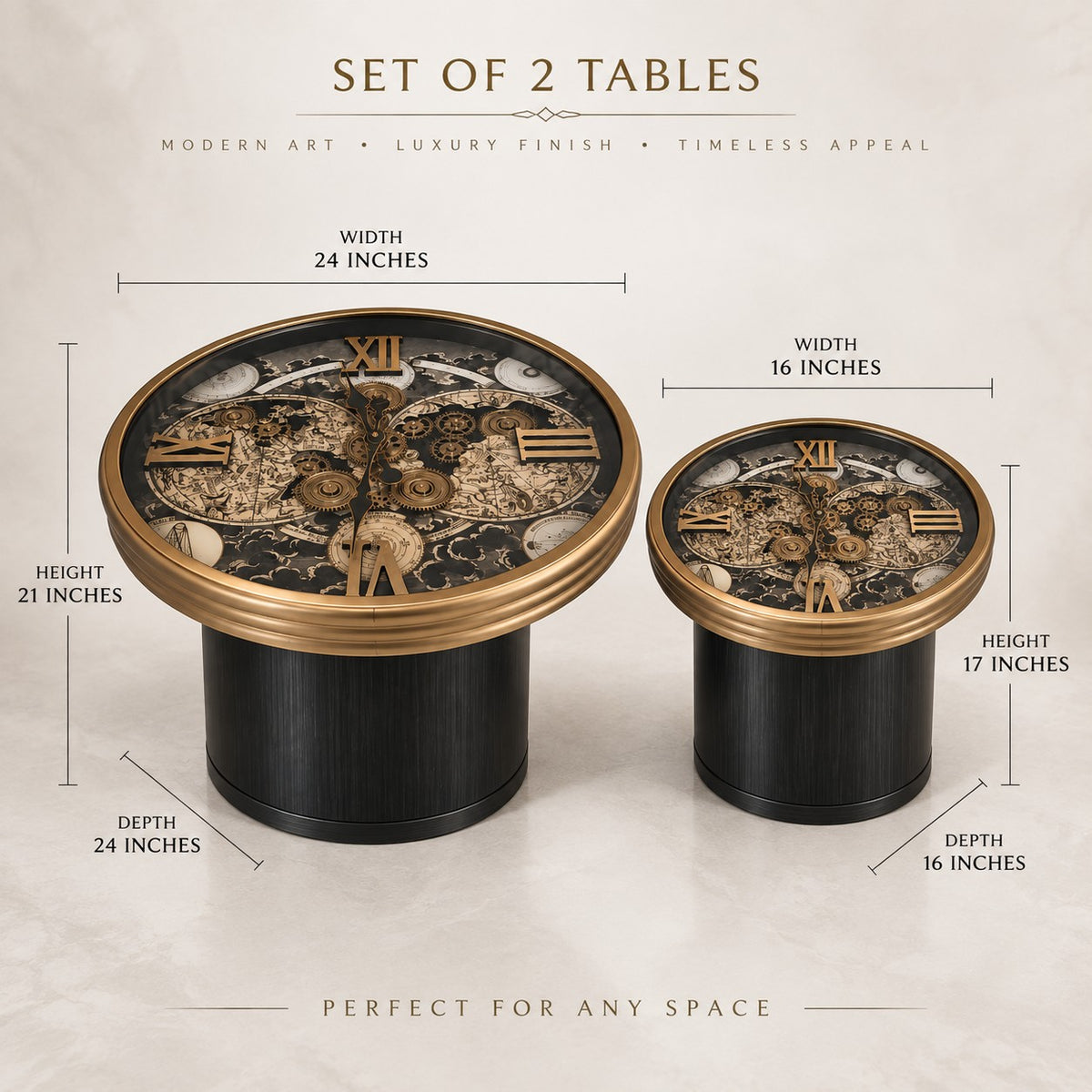 Set of 2 Luxury Clock Tables D43 Modern Round Side Tables