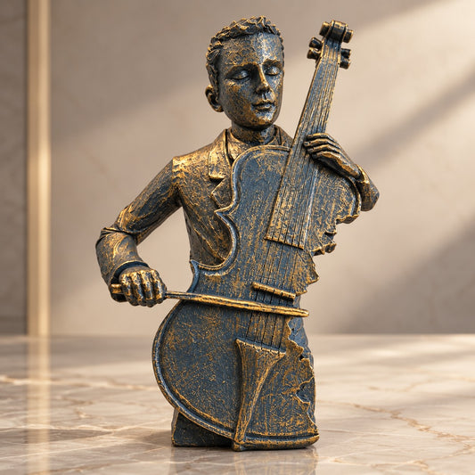 Musical Elegance Statue D35 Antique Gold & Blue Cello Player Decor