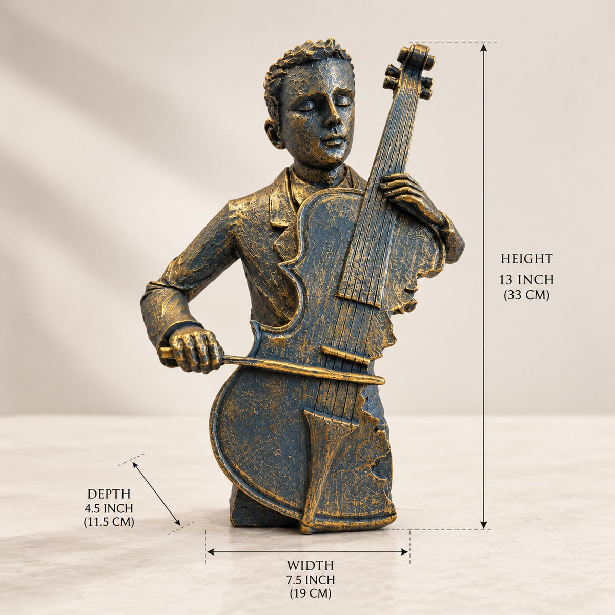 Musical Elegance Statue D35 Antique Gold & Blue Cello Player Decor