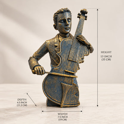 Musical Elegance Statue D35 Antique Gold & Blue Cello Player Decor