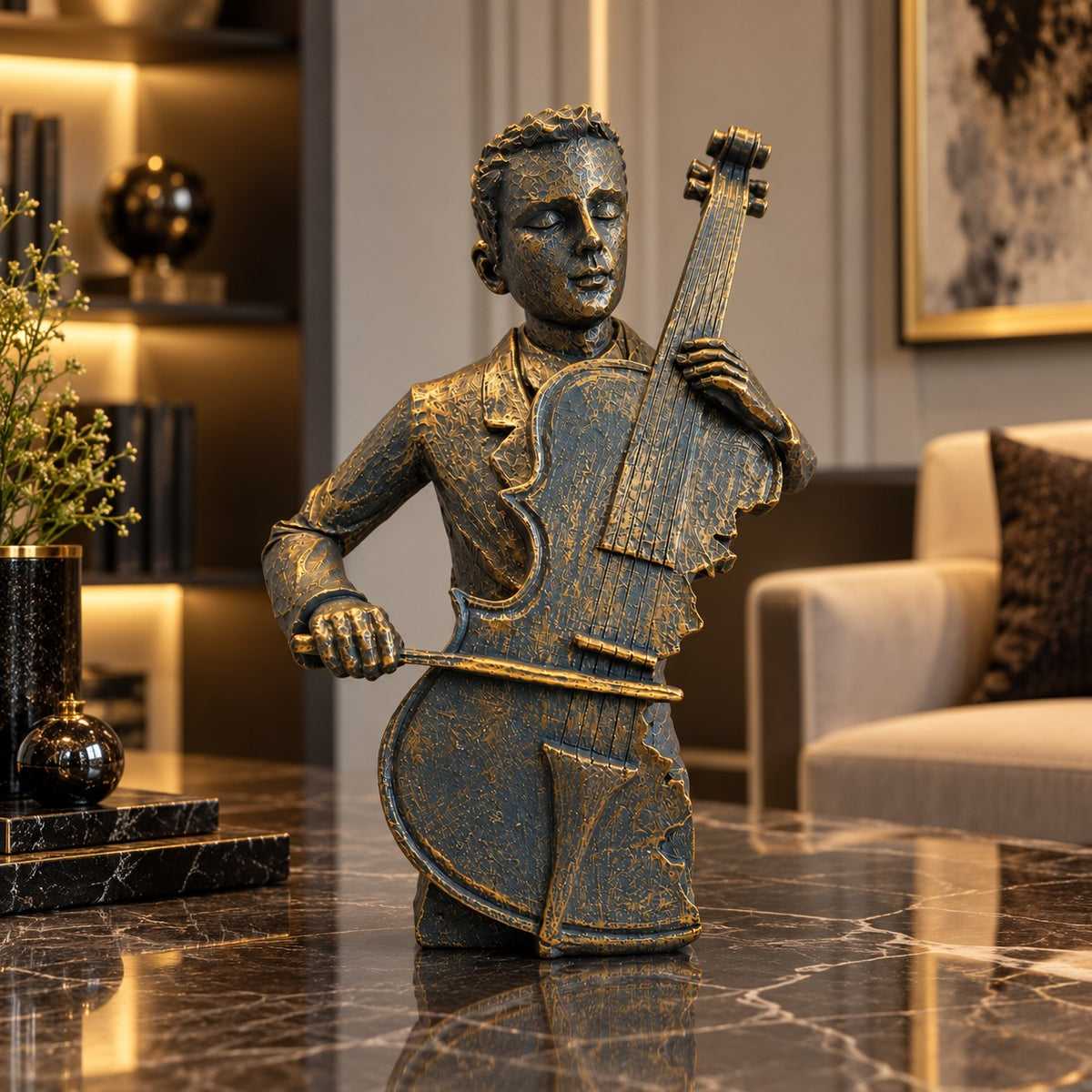Musical Elegance Statue D35 Antique Gold & Blue Cello Player Decor