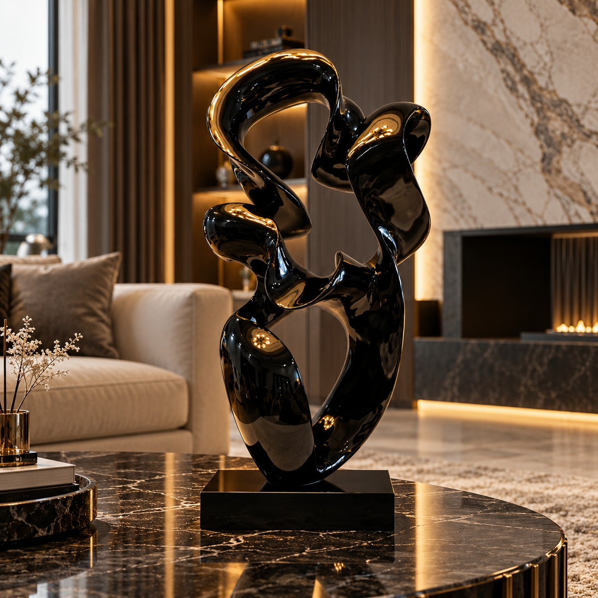 Modern Abstract Resin Sculpture D29 Black High Gloss Artistic Decor Piece