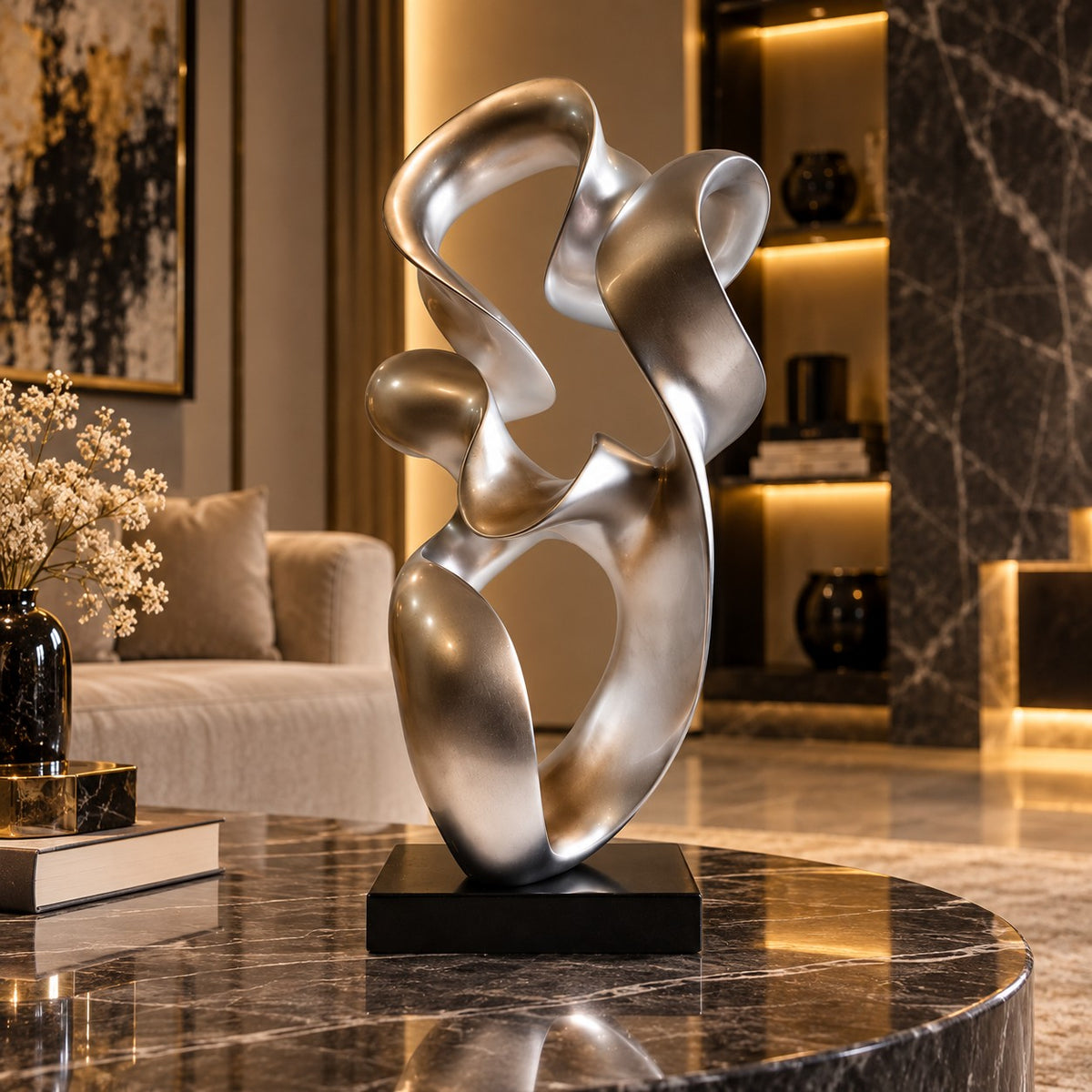 Modern Abstract Resin Sculpture D27 Silver Metallic Artistic Decor Piece