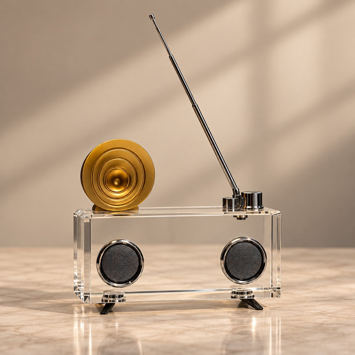 Retro Radio Sculpture D12 Clear Acrylic & Gold Accent Home Decor