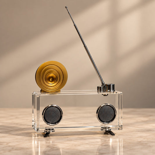 Retro Radio Sculpture D12 Clear Acrylic & Gold Accent Home Decor