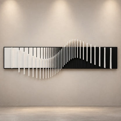 3D Wave Wall Art P17 – Handmade Black & White Wooden Sculpture