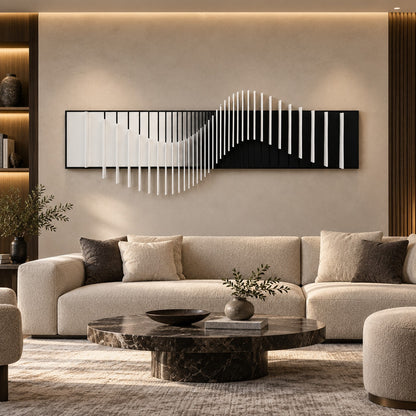 3D Wave Wall Art P17 – Handmade Black & White Wooden Sculpture