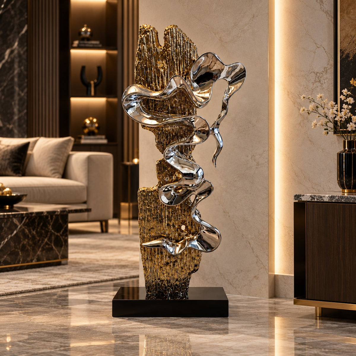 Exquisite Silver & Gold Wave Sculpture D1 Modern Home Decor