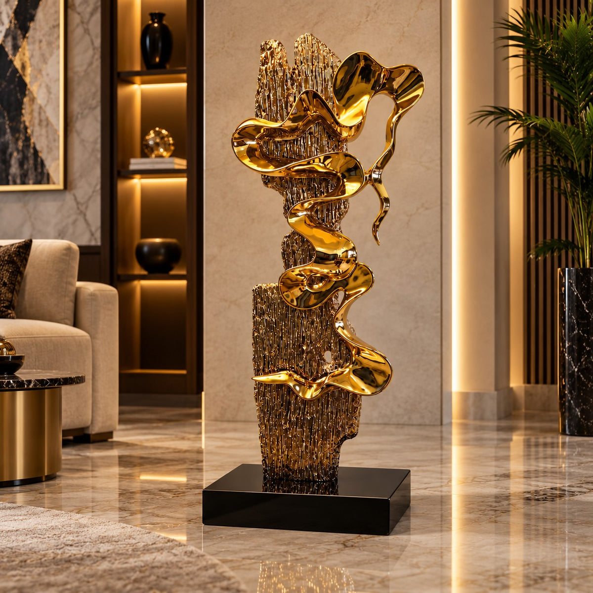 Statement Golden Wave Sculpture D2 Contemporary Home Decor