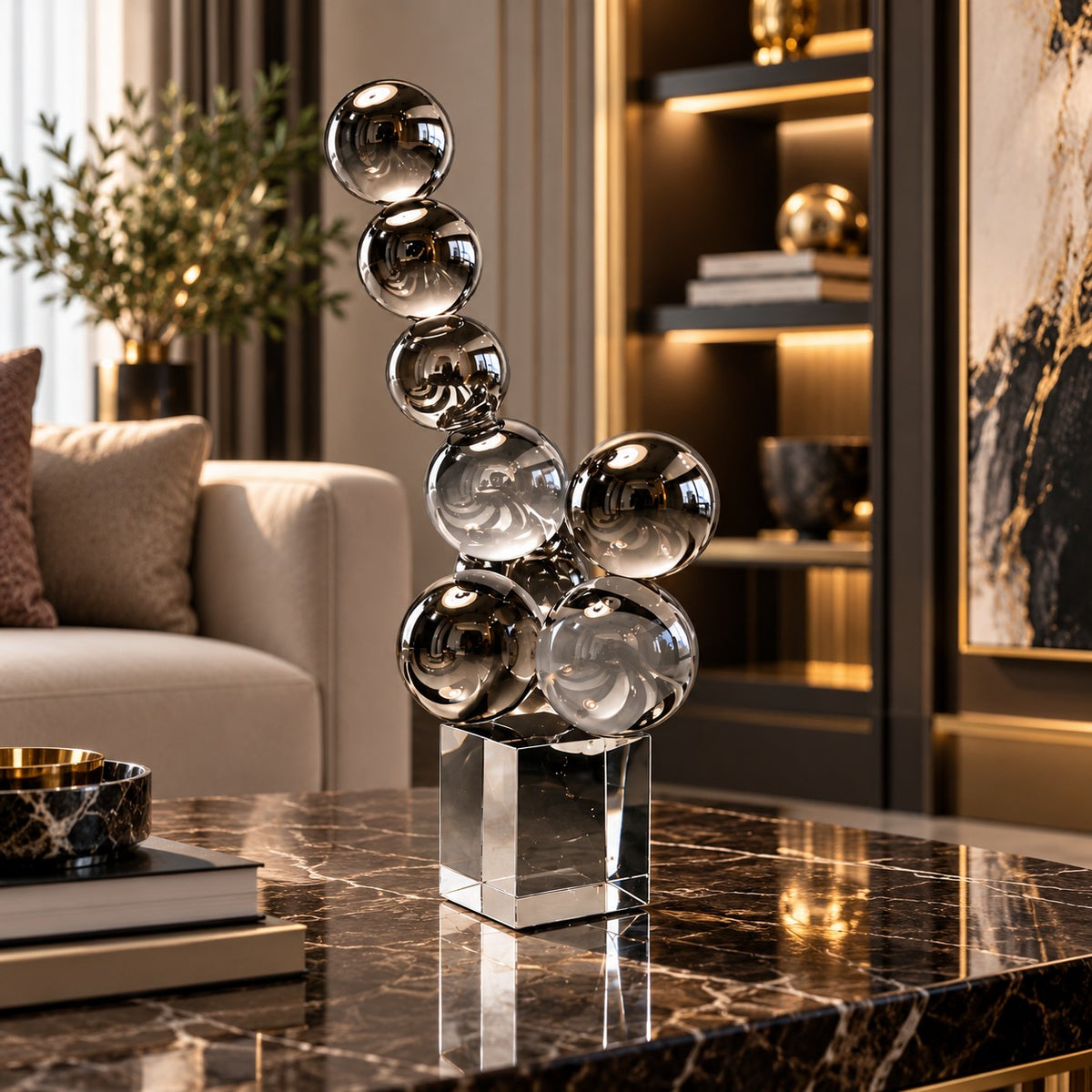 Contemporary Silver Sphere Sculpture D4 Modern Artistic Home Decor