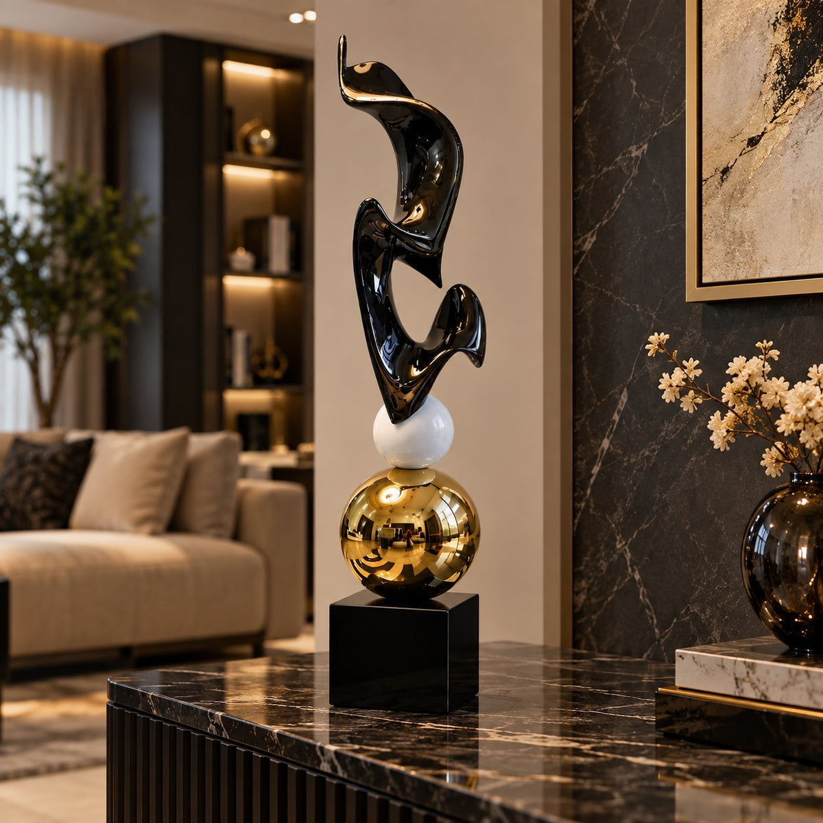 Designer Abstract Sculpture D3 Black, White & Gold Home Decor