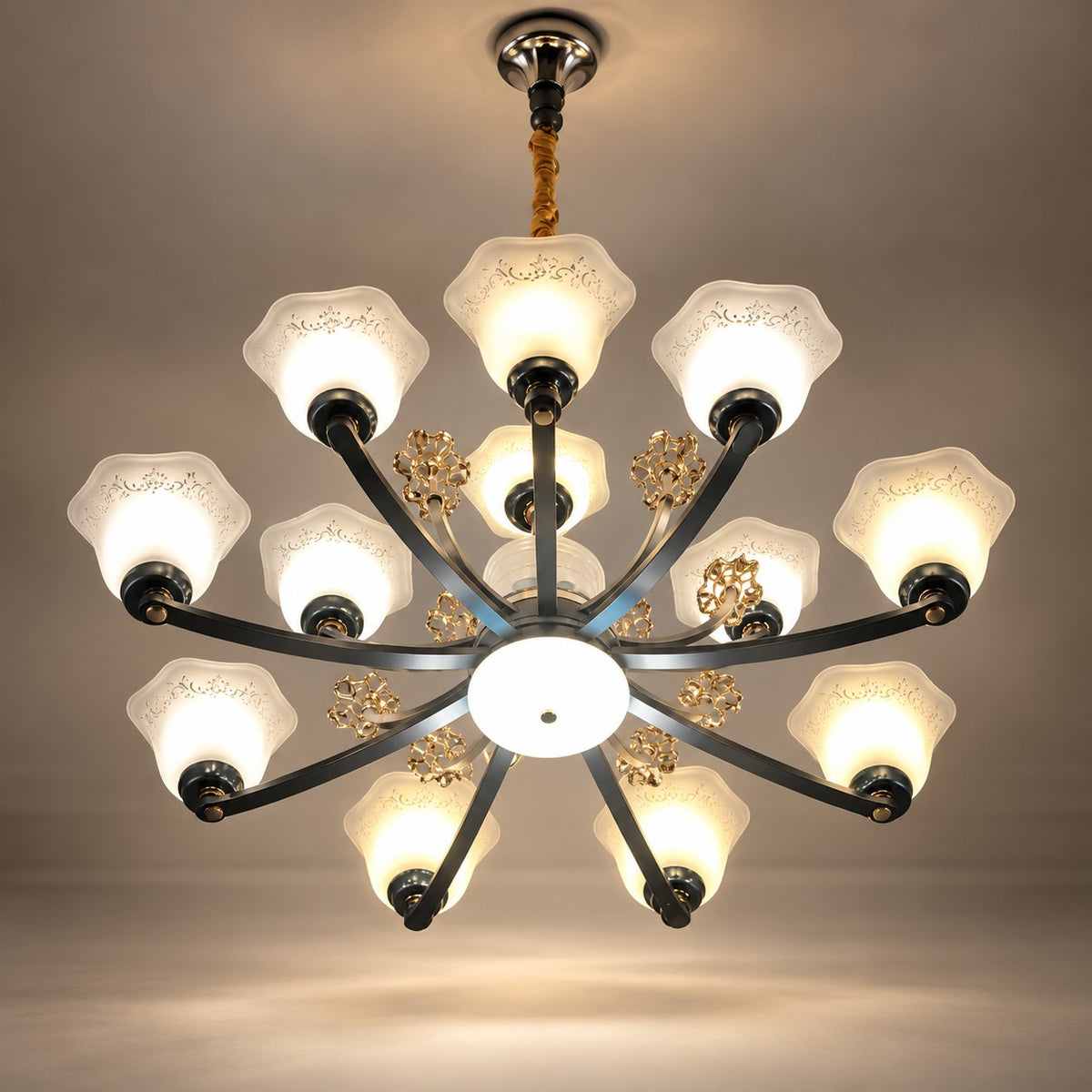 12 Lights Chandelier F1 White, Green & Gold Glass Luxury Chandelier