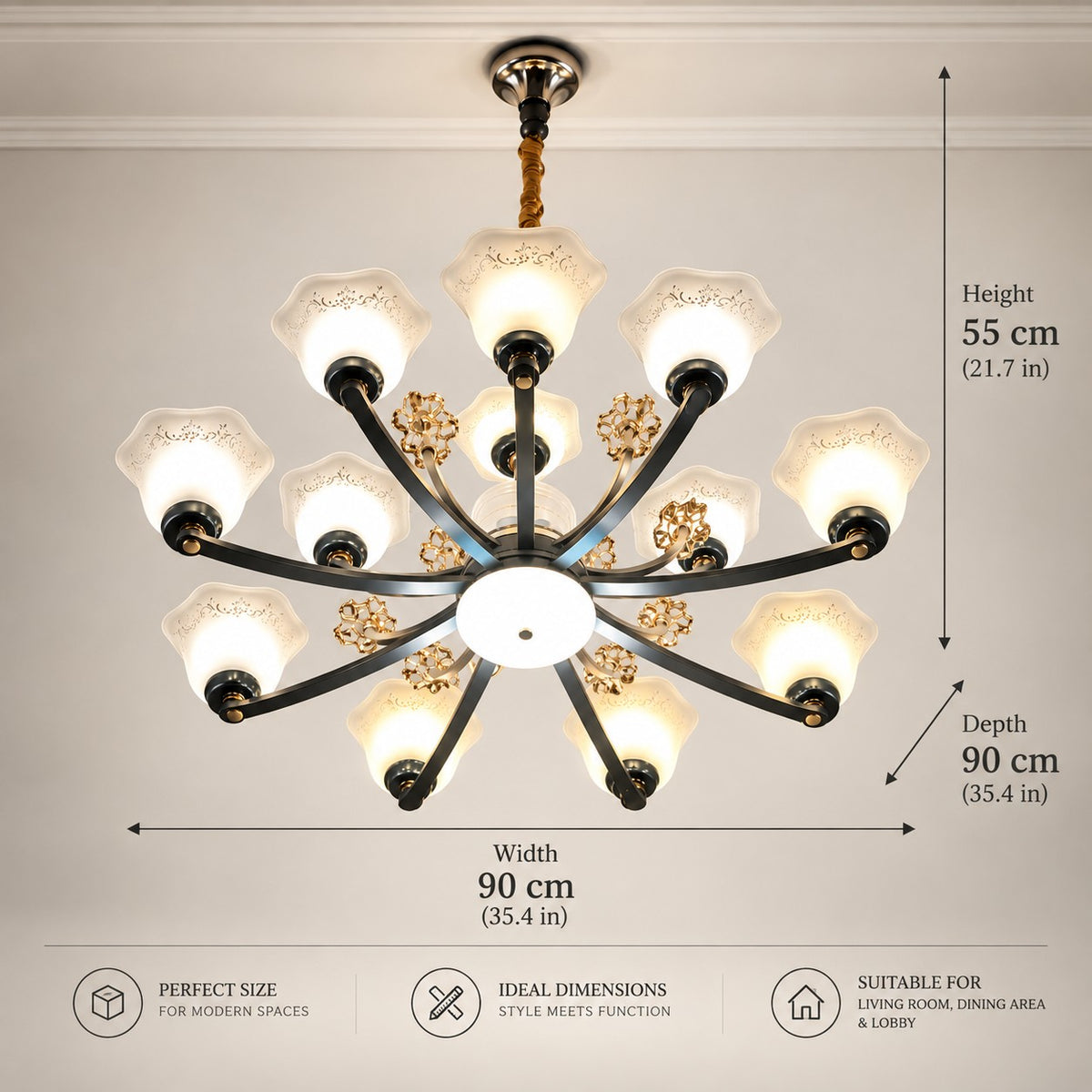 12 Lights Chandelier F1 White, Green & Gold Glass Luxury Chandelier