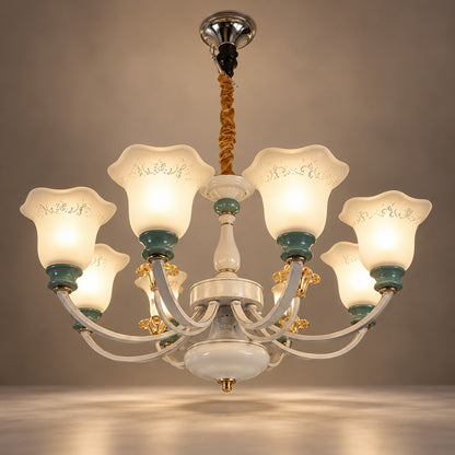8 Lights Chandelier F2 White, Green & Gold Glass Luxury Chandelier