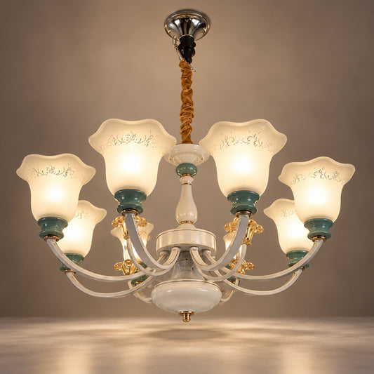 8 Lights Chandelier F2 White, Green & Gold Glass Luxury Chandelier