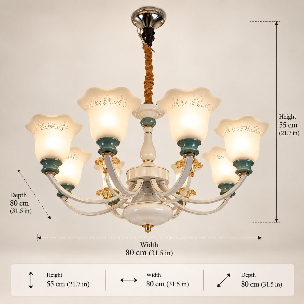 8 Lights Chandelier F2 White, Green & Gold Glass Luxury Chandelier