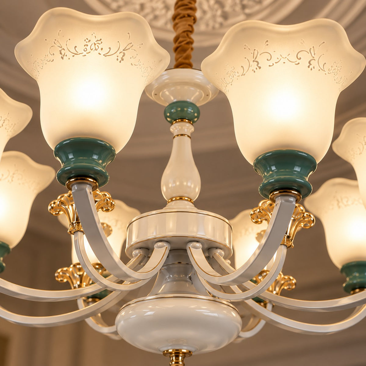8 Lights Chandelier F2 White, Green & Gold Glass Luxury Chandelier
