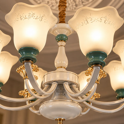 8 Lights Chandelier F2 White, Green & Gold Glass Luxury Chandelier