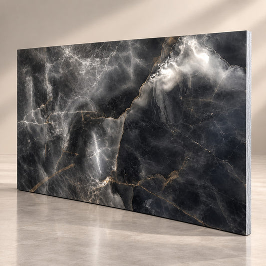 Premium Black Sintered Stone Slab T6 – Luxury Dark Marble Finish, Durable & Scratch Resistant Surface | 4 FT × 8 FT | 9 MM
