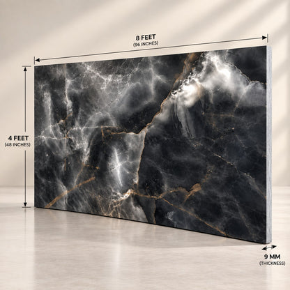 Premium Black Sintered Stone Slab T6 – Luxury Dark Marble Finish, Durable & Scratch Resistant Surface | 4 FT × 8 FT | 9 MM