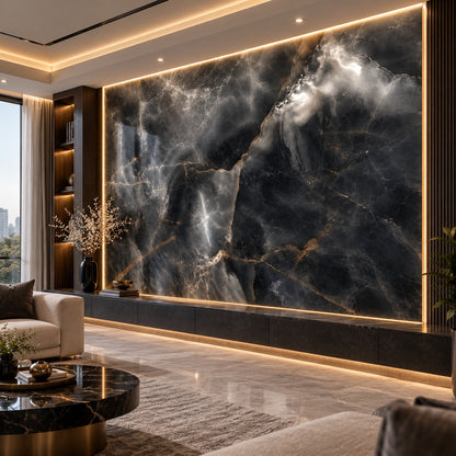 Premium Black Sintered Stone Slab T6 – Luxury Dark Marble Finish, Durable & Scratch Resistant Surface | 4 FT × 8 FT | 9 MM