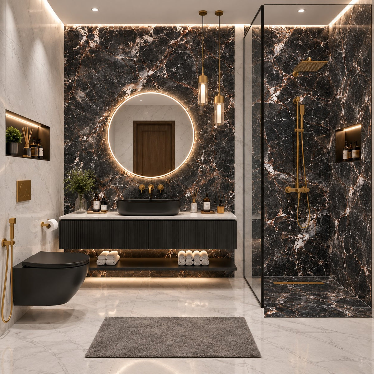Premium Black Marble Sintered Stone Tiles T7– Luxury Marble Finish | 4 FT × 8 FT