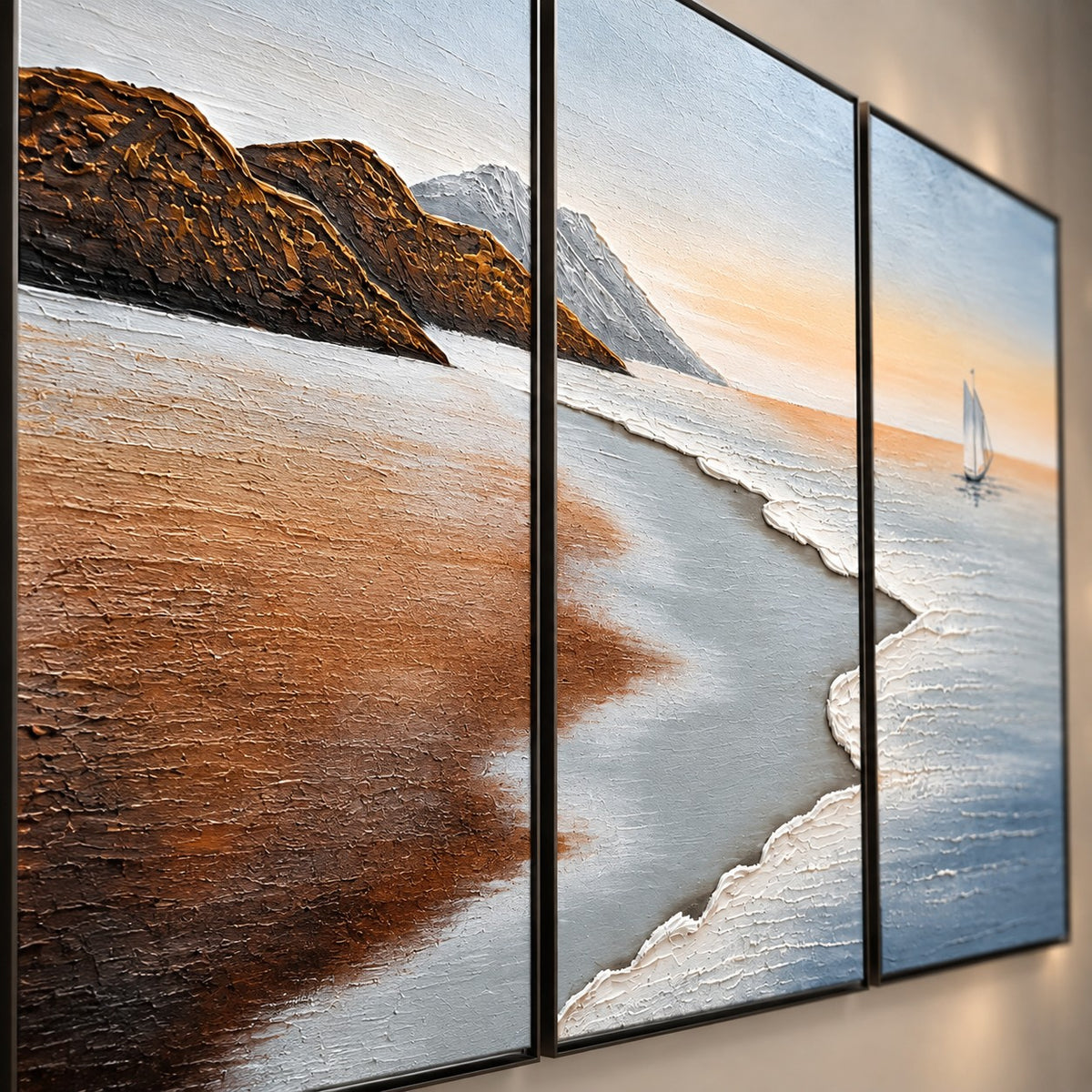 Textured Landscape Wall Art P9– Handmade Set of 3 Coastal Paintings