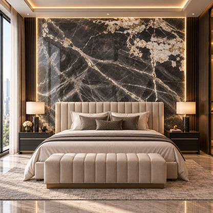 Dark Grey Marble Sintered Stone Slab T14 | Gold & White Veins