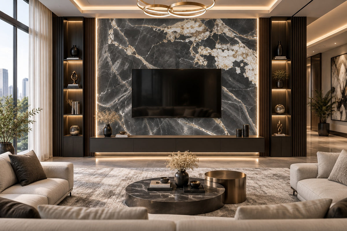 Dark Grey Marble Sintered Stone Slab T14 | Gold & White Veins