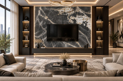 Dark Grey Marble Sintered Stone Slab T14 | Gold & White Veins