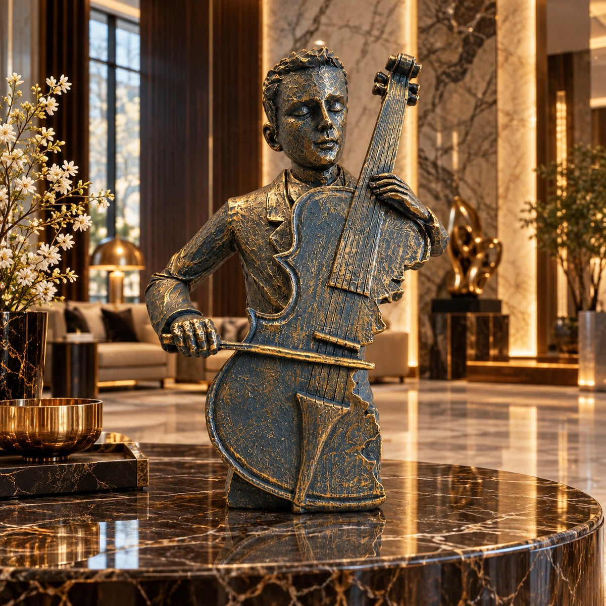 Musical Elegance Statue D35 Antique Gold & Blue Cello Player Decor